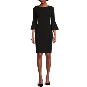 Calvin Klein Black Sheath Dress Bell Sleeve Gold Zipper Size 6